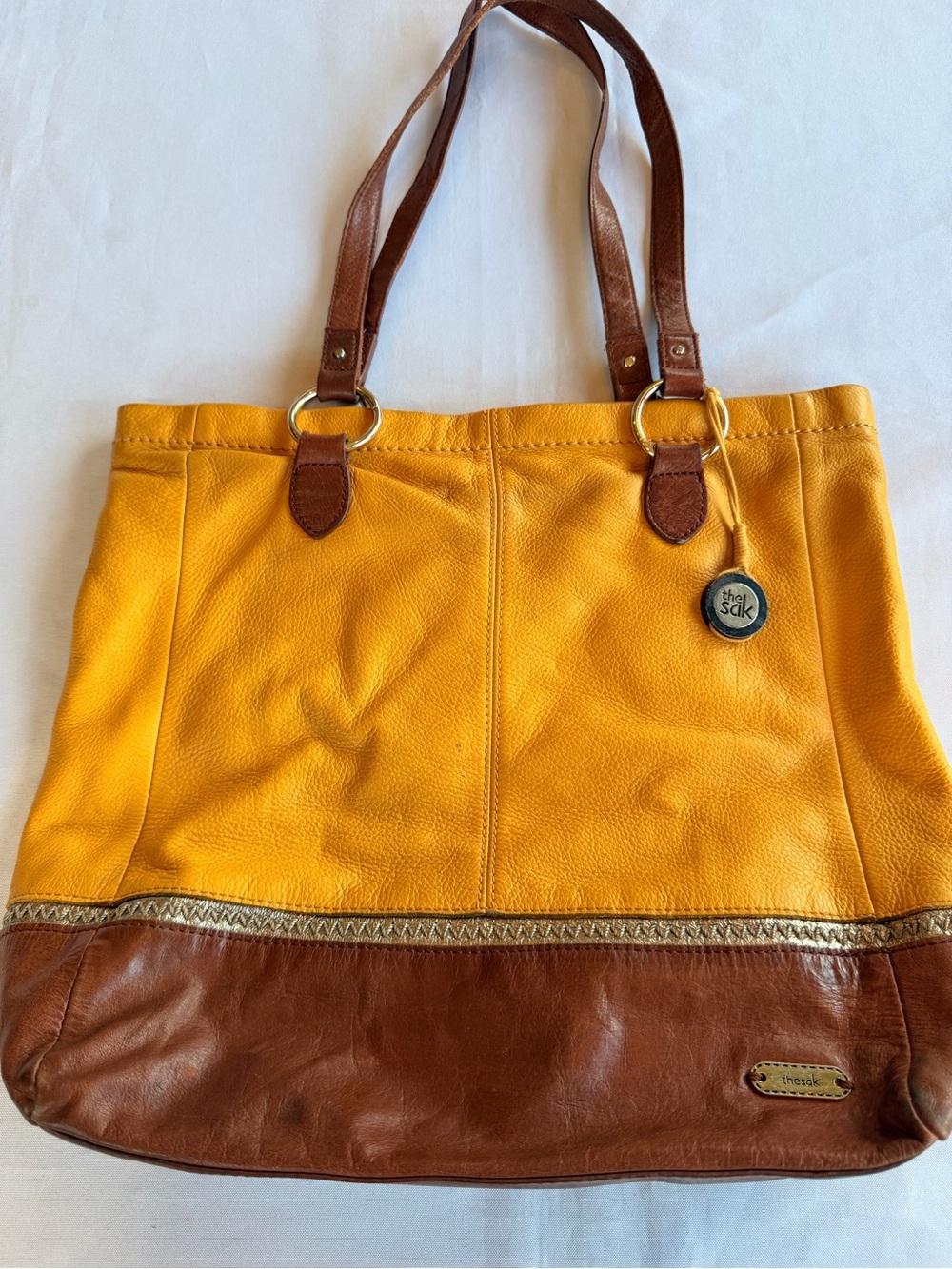 The Sak Indio Large Pebbled Leather Two-Tone Mustard Yellow Brown Tote